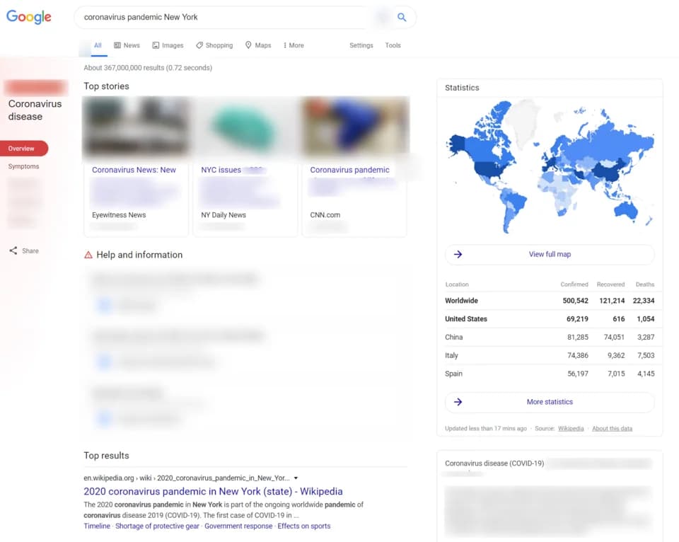 Google search for coronavirus pandemic New York